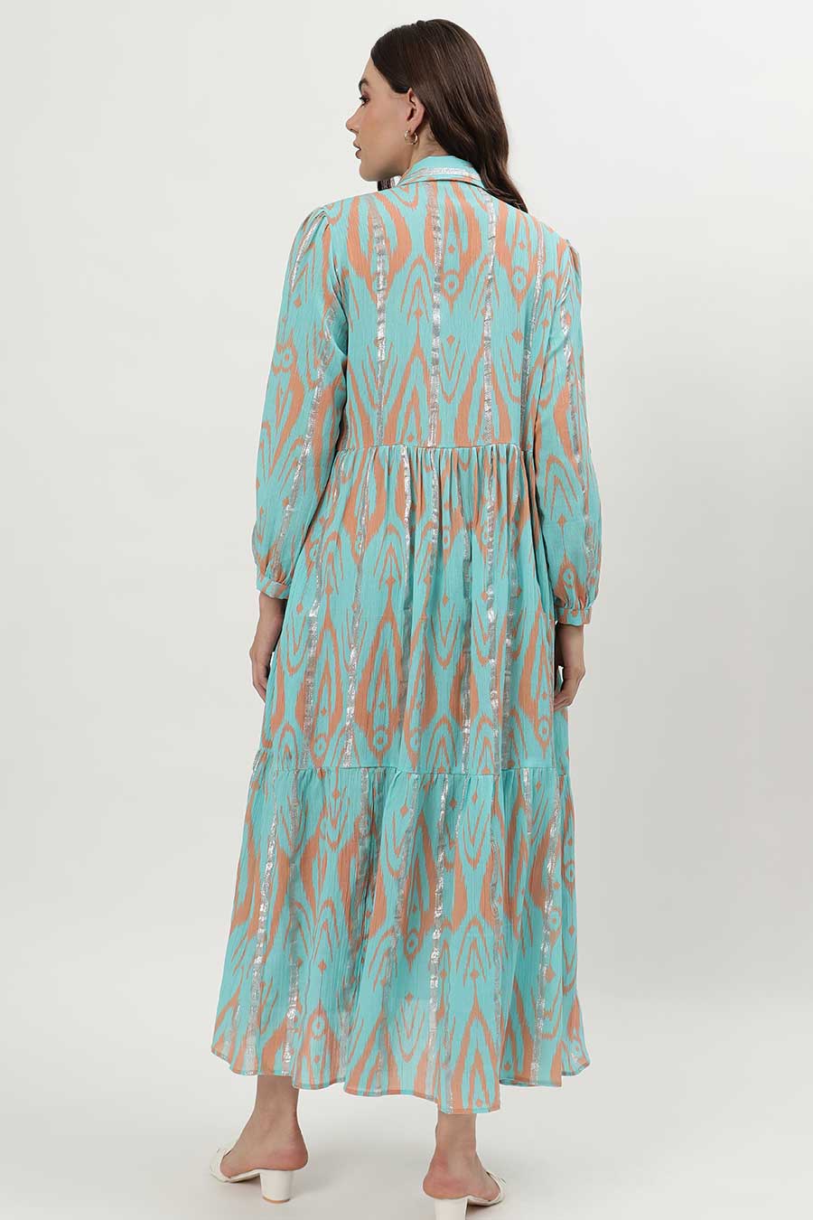 Light Blue Lurex Ikat Printed Midi Dress