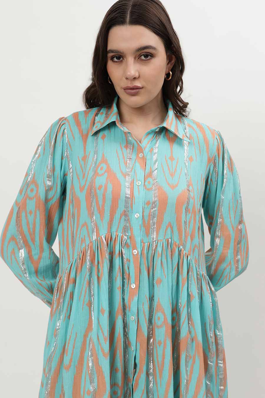 Light Blue Lurex Ikat Printed Midi Dress