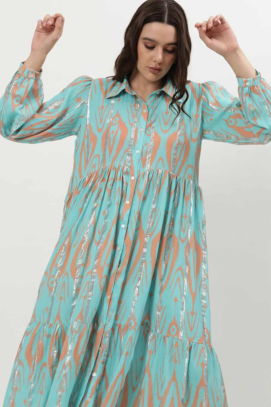 Light Blue Lurex Ikat Printed Midi Dress