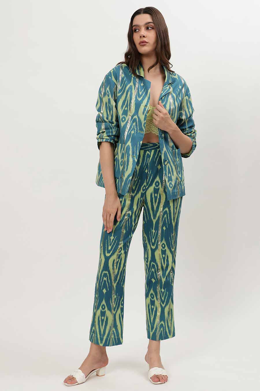 Blue Lurex Ikat Print Shirt & Pant Co-Ord Set