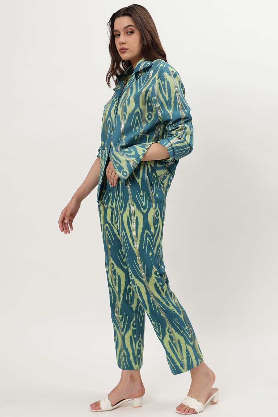 Blue Lurex Ikat Print Shirt & Pant Co-Ord Set