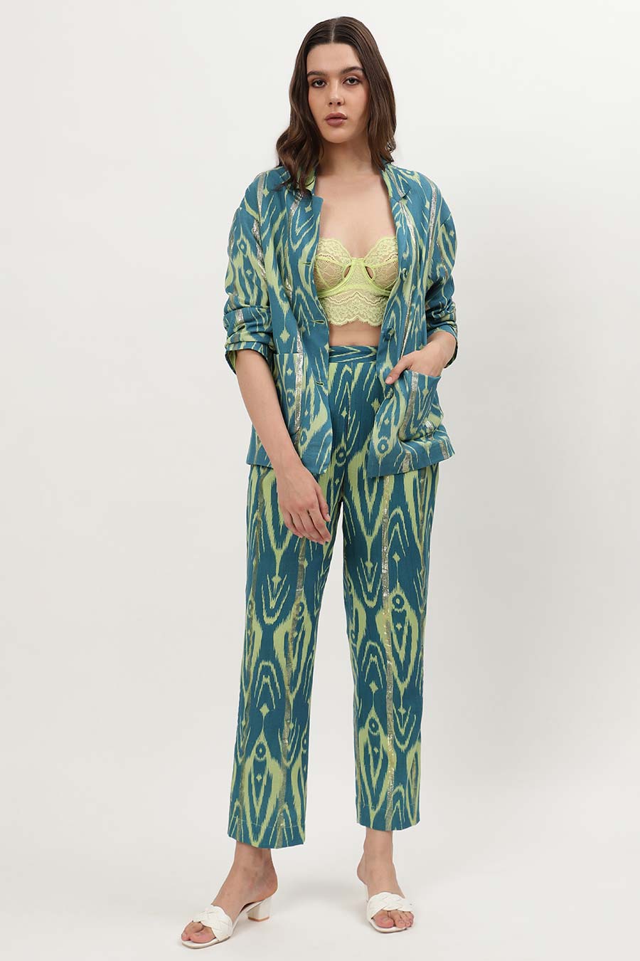 Blue Lurex Ikat Print Shirt & Pant Co-Ord Set