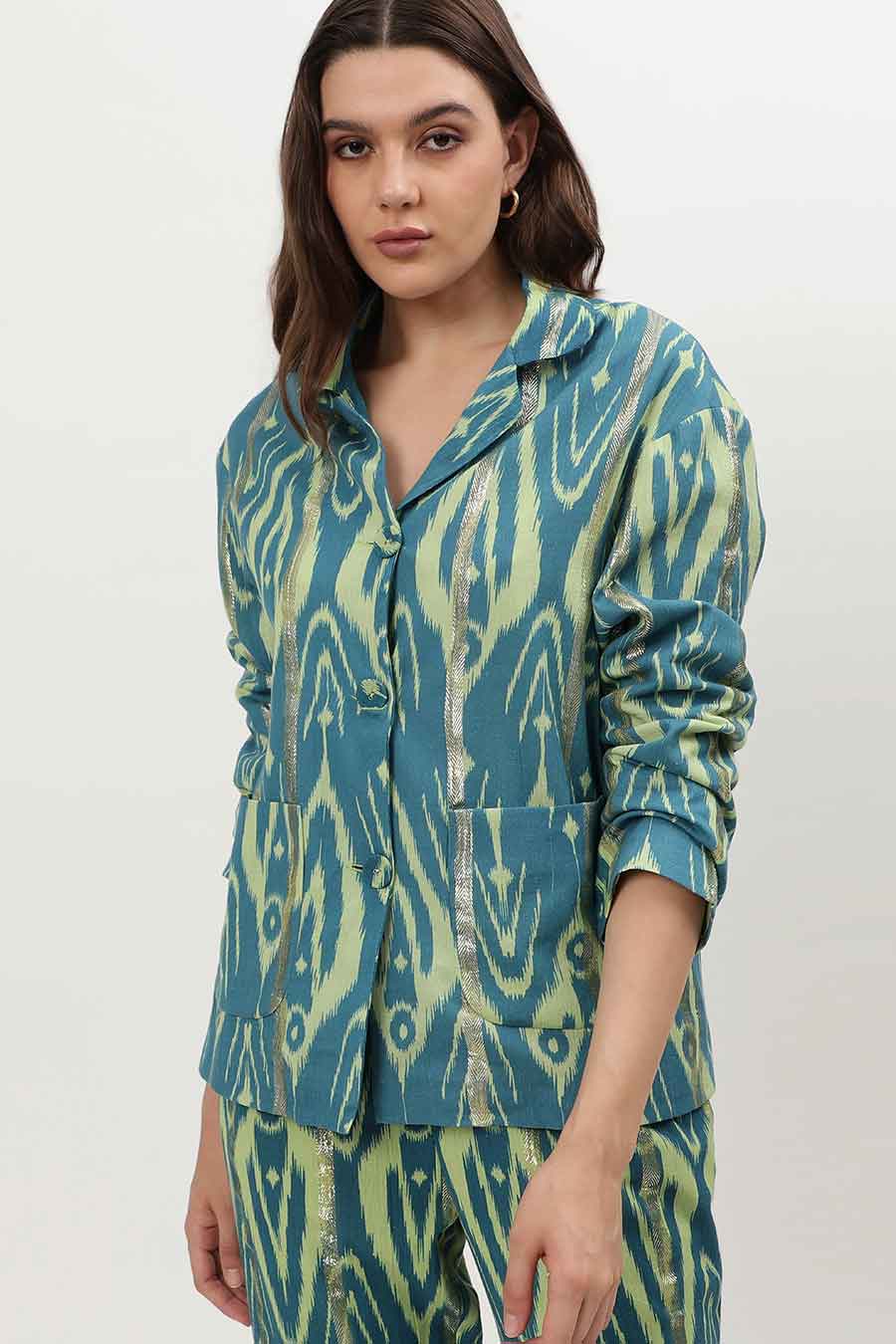 Blue Lurex Ikat Print Shirt & Pant Co-Ord Set