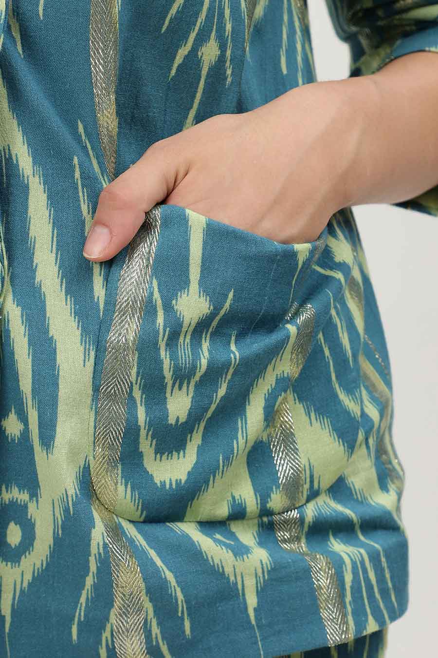 Blue Lurex Ikat Print Shirt & Pant Co-Ord Set