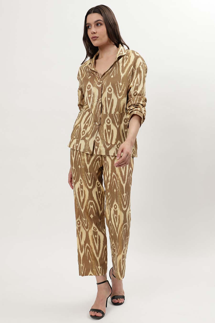 Brown Lurex Ikat Printed Blazer Shirt & Pant Co-Ord Set