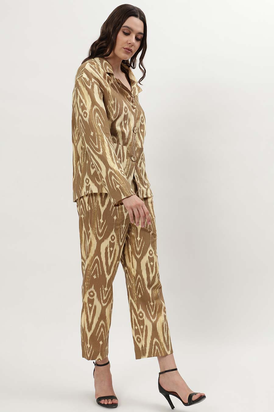 Brown Lurex Ikat Printed Blazer Shirt & Pant Co-Ord Set