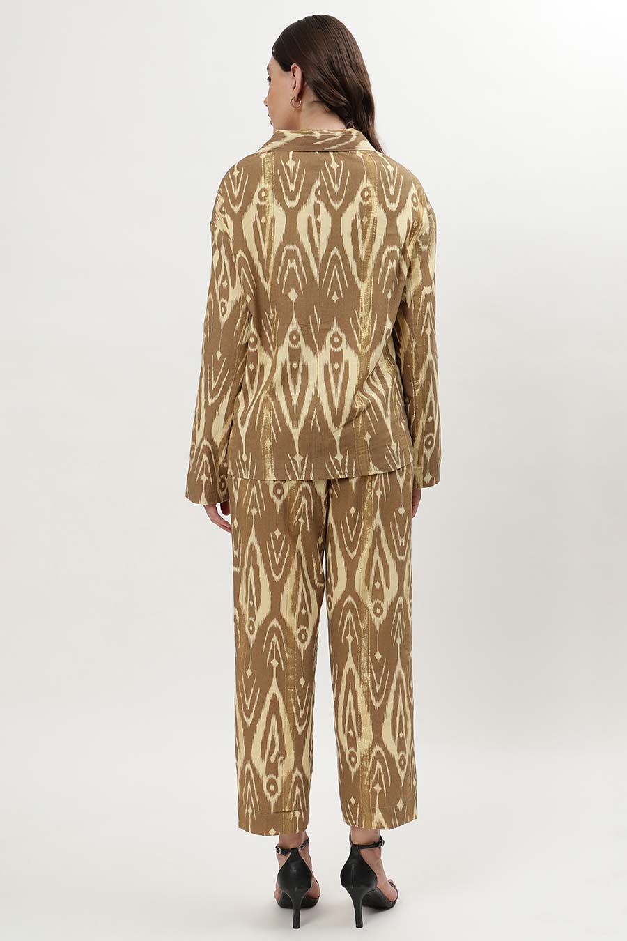 Brown Lurex Ikat Printed Blazer Shirt & Pant Co-Ord Set