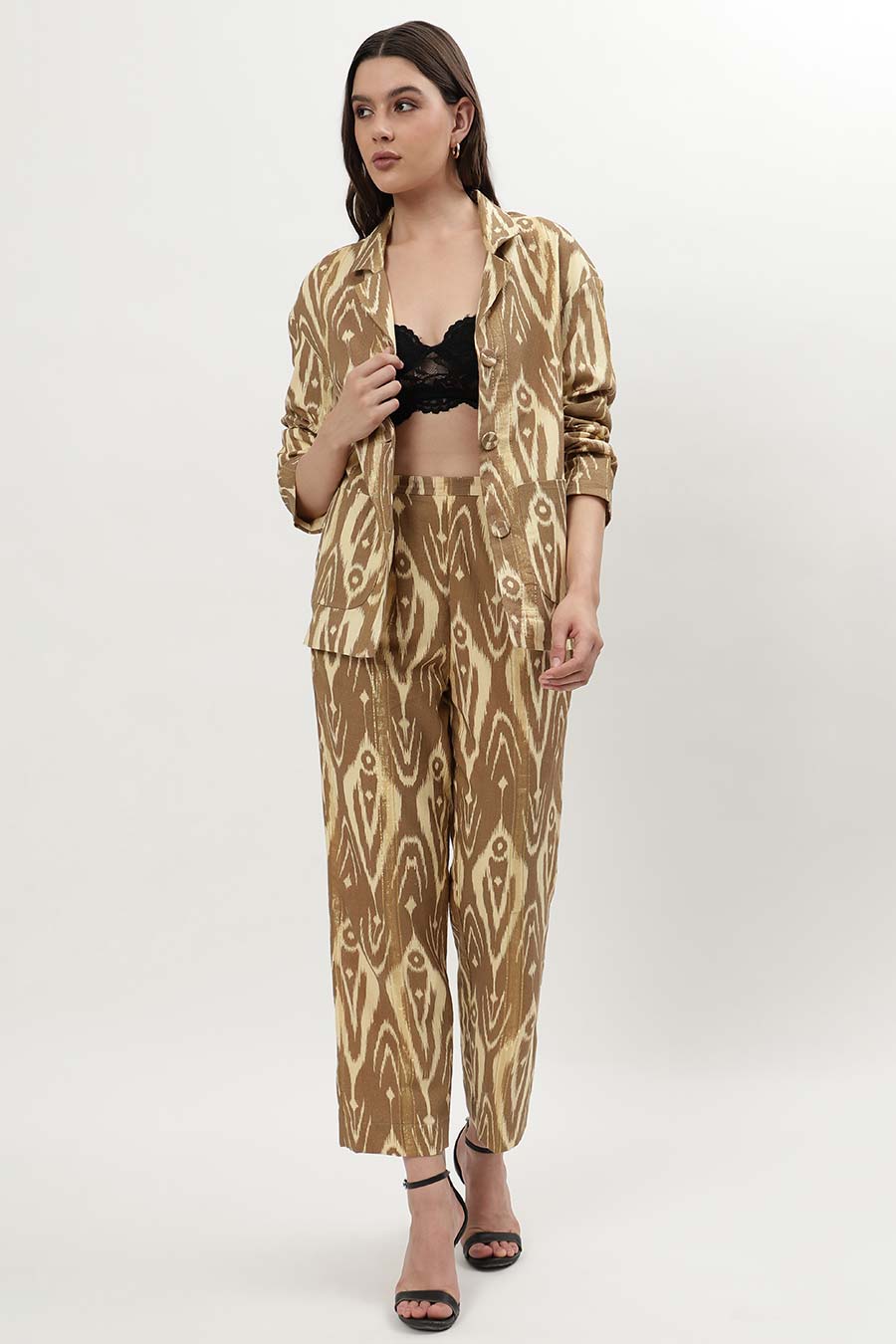Brown Lurex Ikat Printed Blazer Shirt & Pant Co-Ord Set