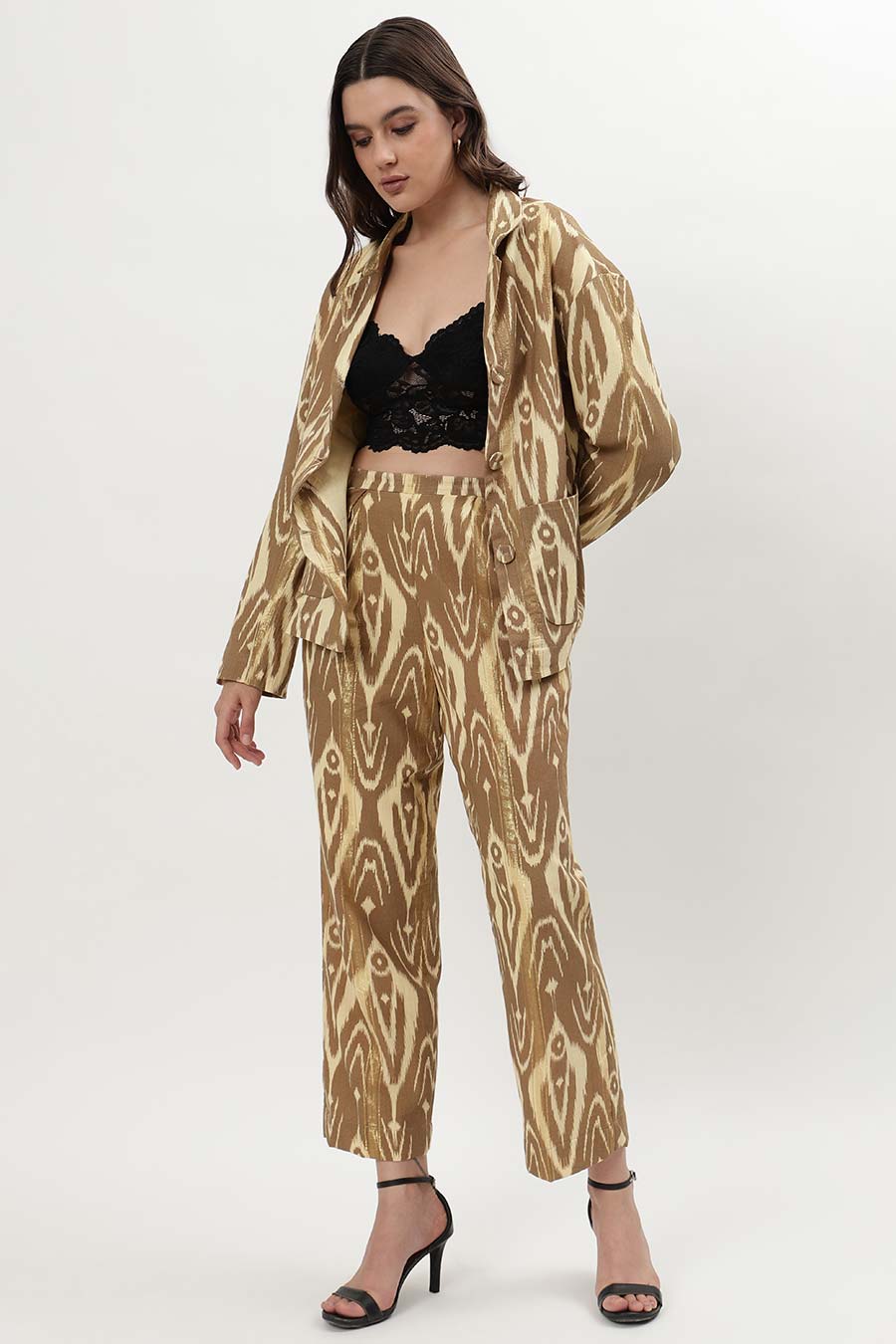 Brown Lurex Ikat Printed Blazer Shirt & Pant Co-Ord Set