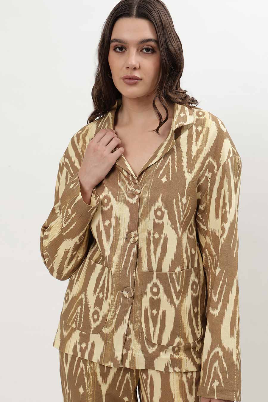 Brown Lurex Ikat Printed Blazer Shirt & Pant Co-Ord Set