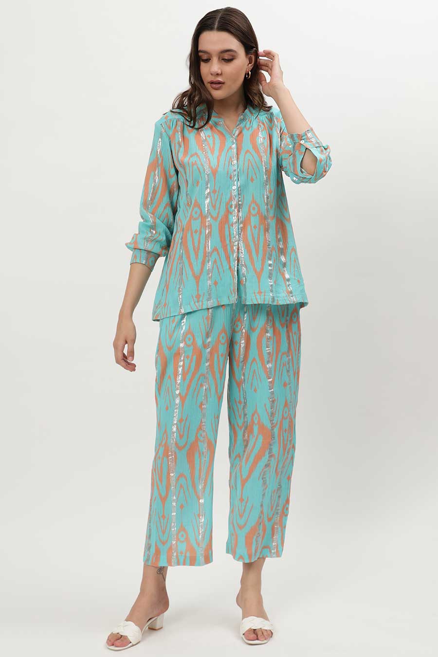 Blue Lurex Ikat Print Co-Ord Set
