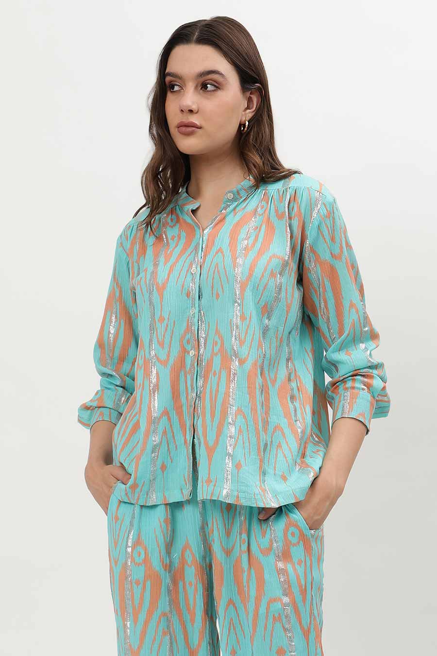 Blue Lurex Ikat Print Co-Ord Set
