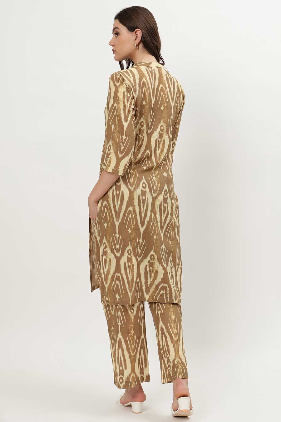 Brown Lurex Ikat Printed Kurta & Pant Set