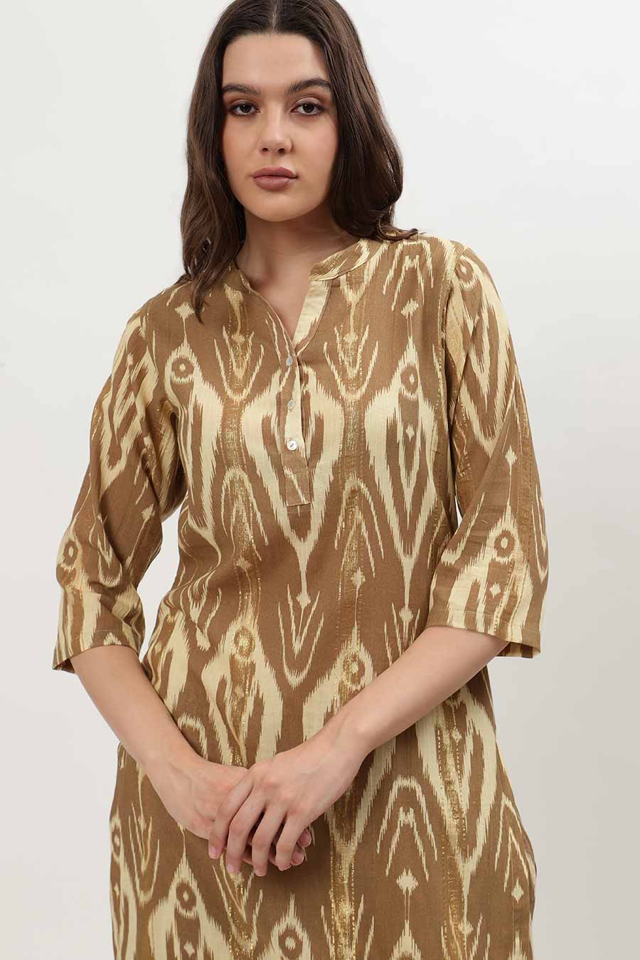 Brown Lurex Ikat Printed Kurta & Pant Set