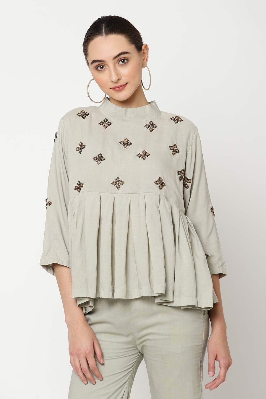 Grey Embroidered Top & Pant Co-Ord Set