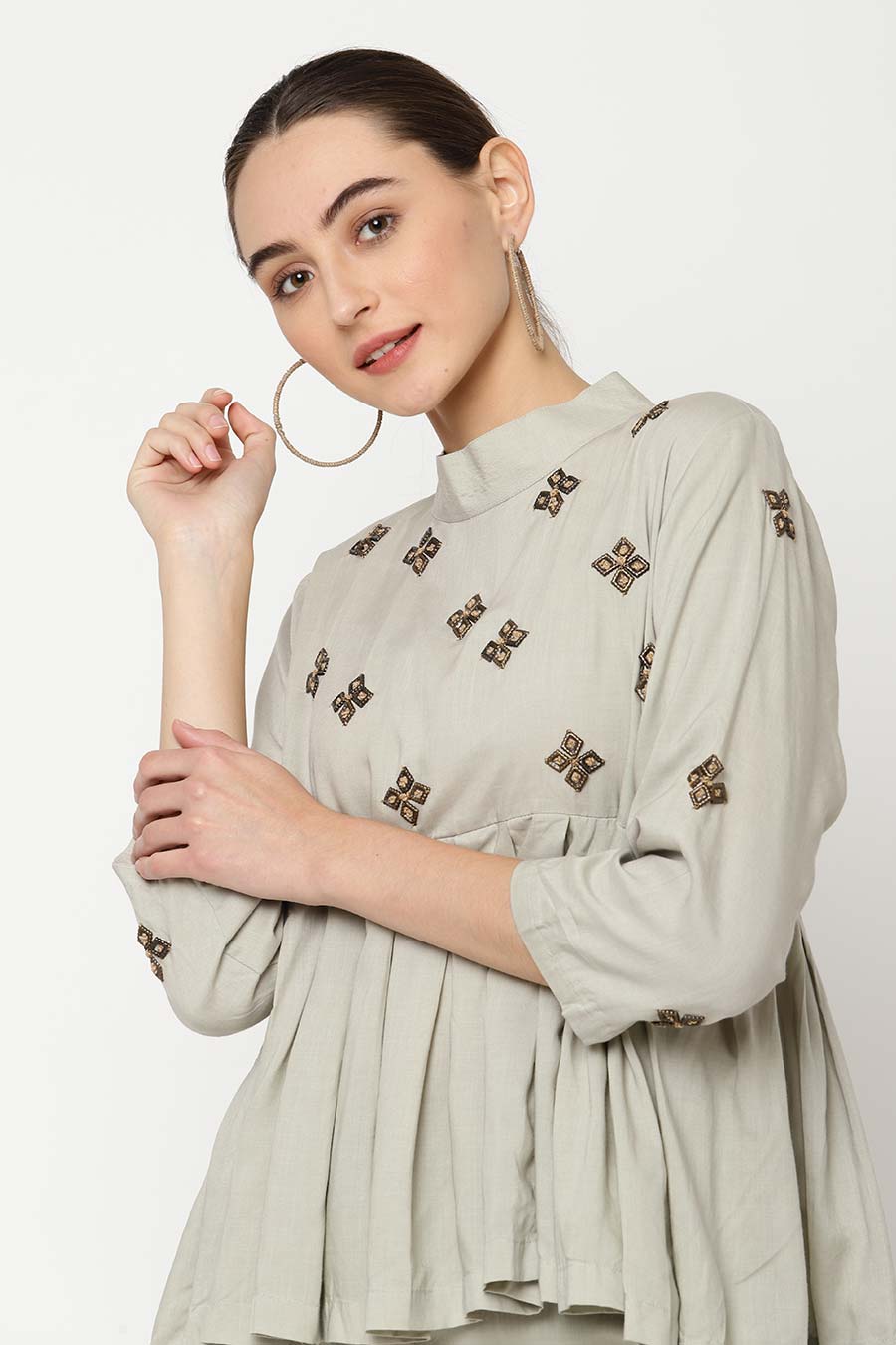 Grey Embroidered Top & Pant Co-Ord Set