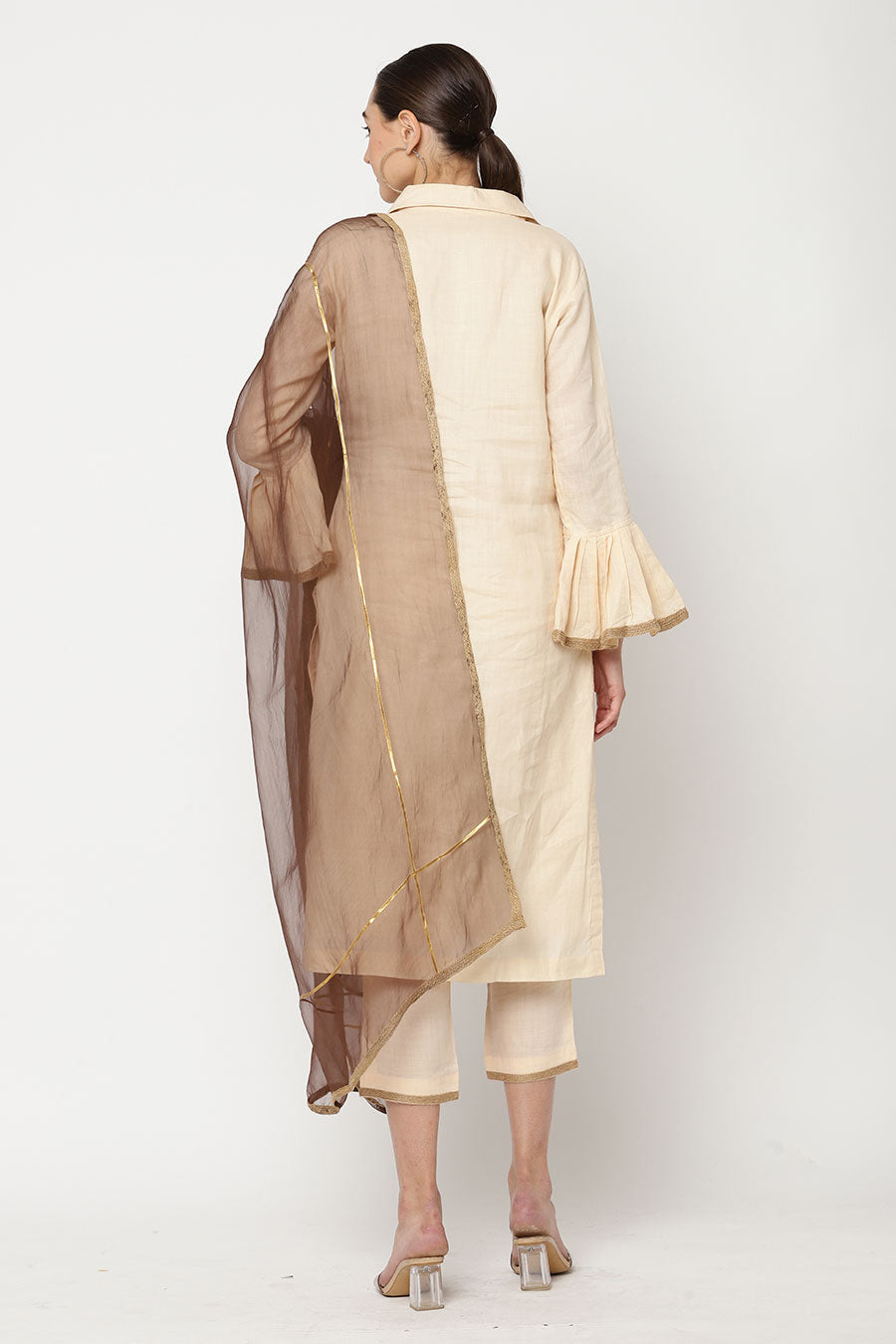 Beige & Brown Embellished Kurta Set