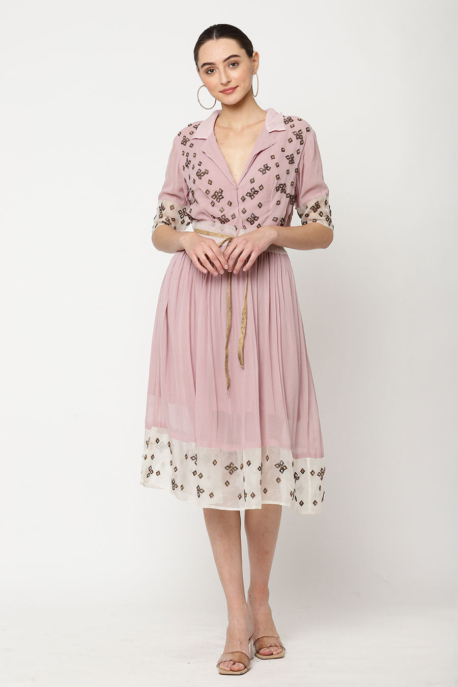 Pink Embroidered Gathered Dress