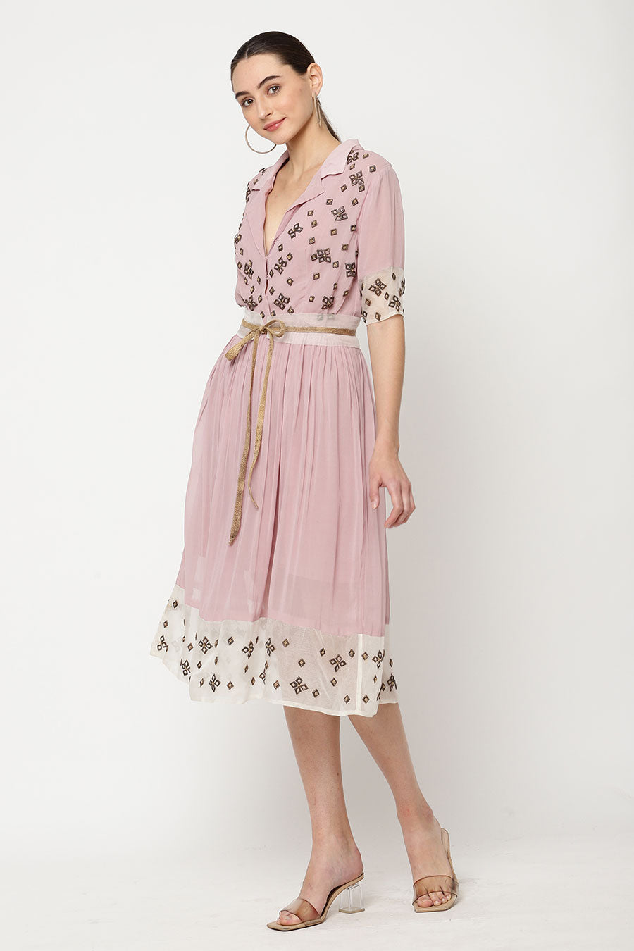 Pink Embroidered Gathered Dress
