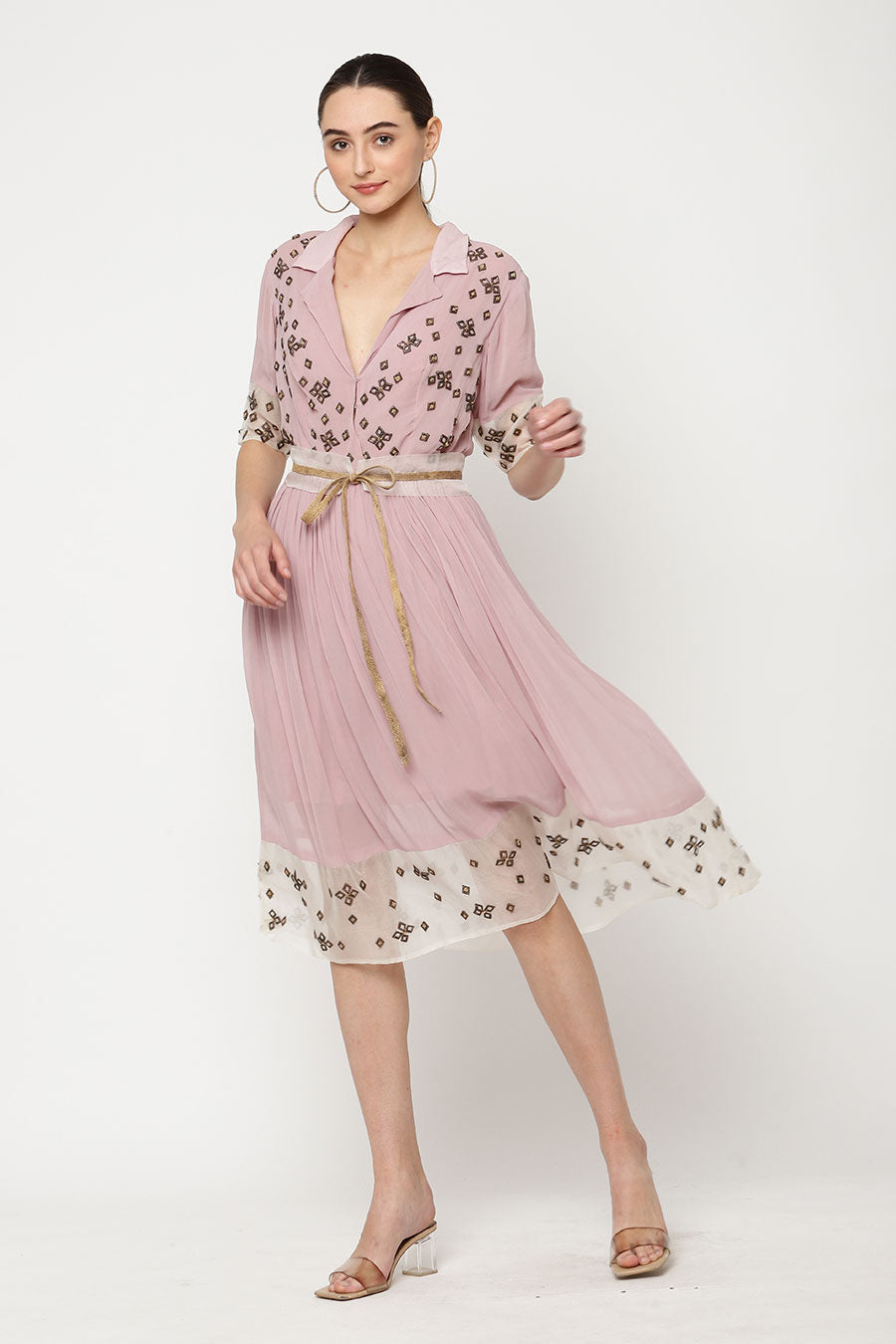 Pink Embroidered Gathered Dress