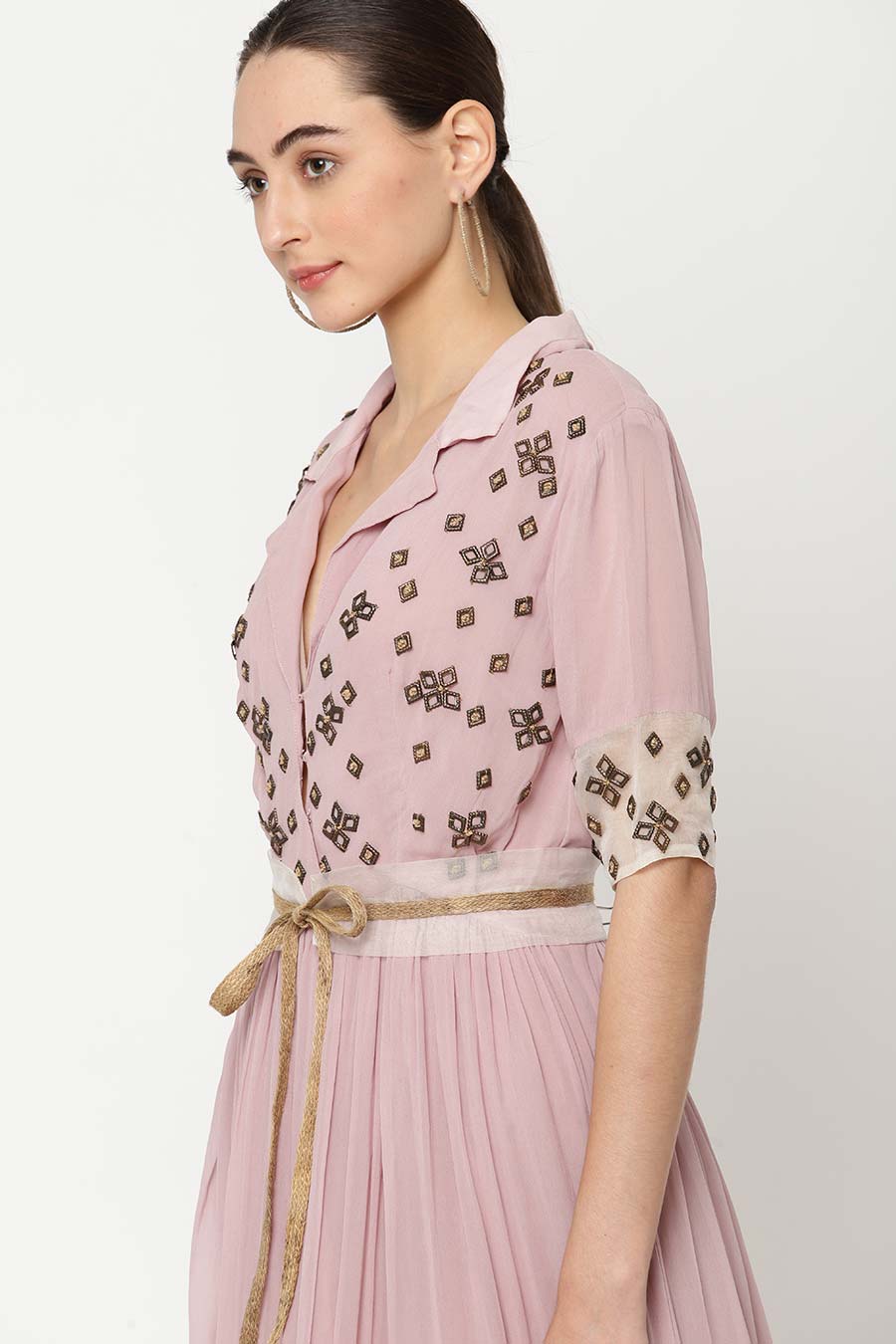 Pink Embroidered Gathered Dress