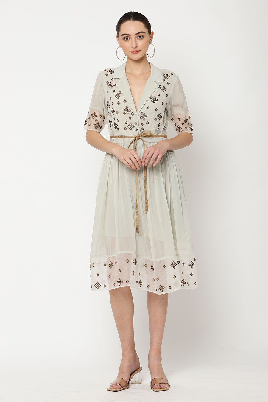 Grey Embroidered Gathered Dress