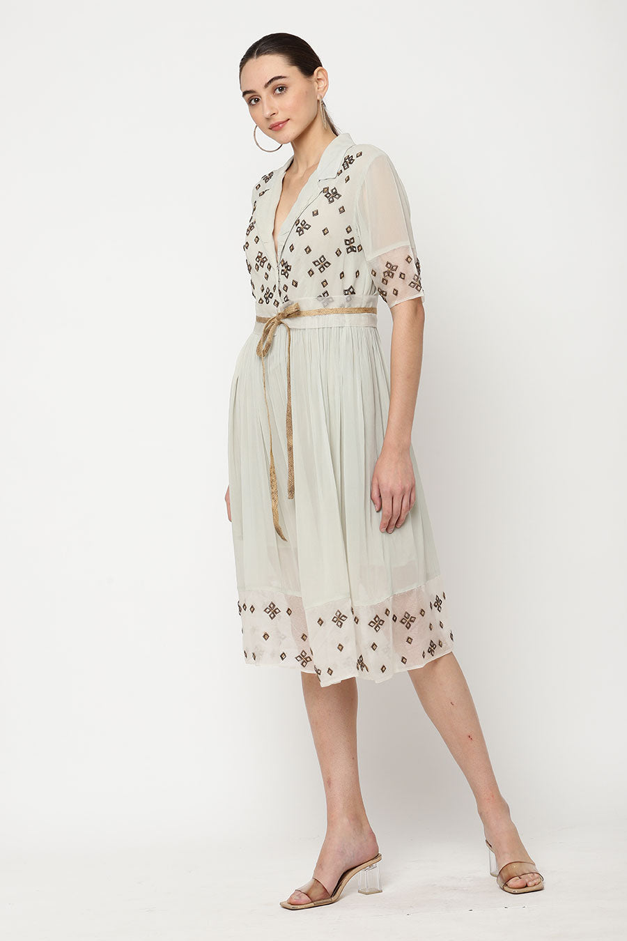 Grey Embroidered Gathered Dress