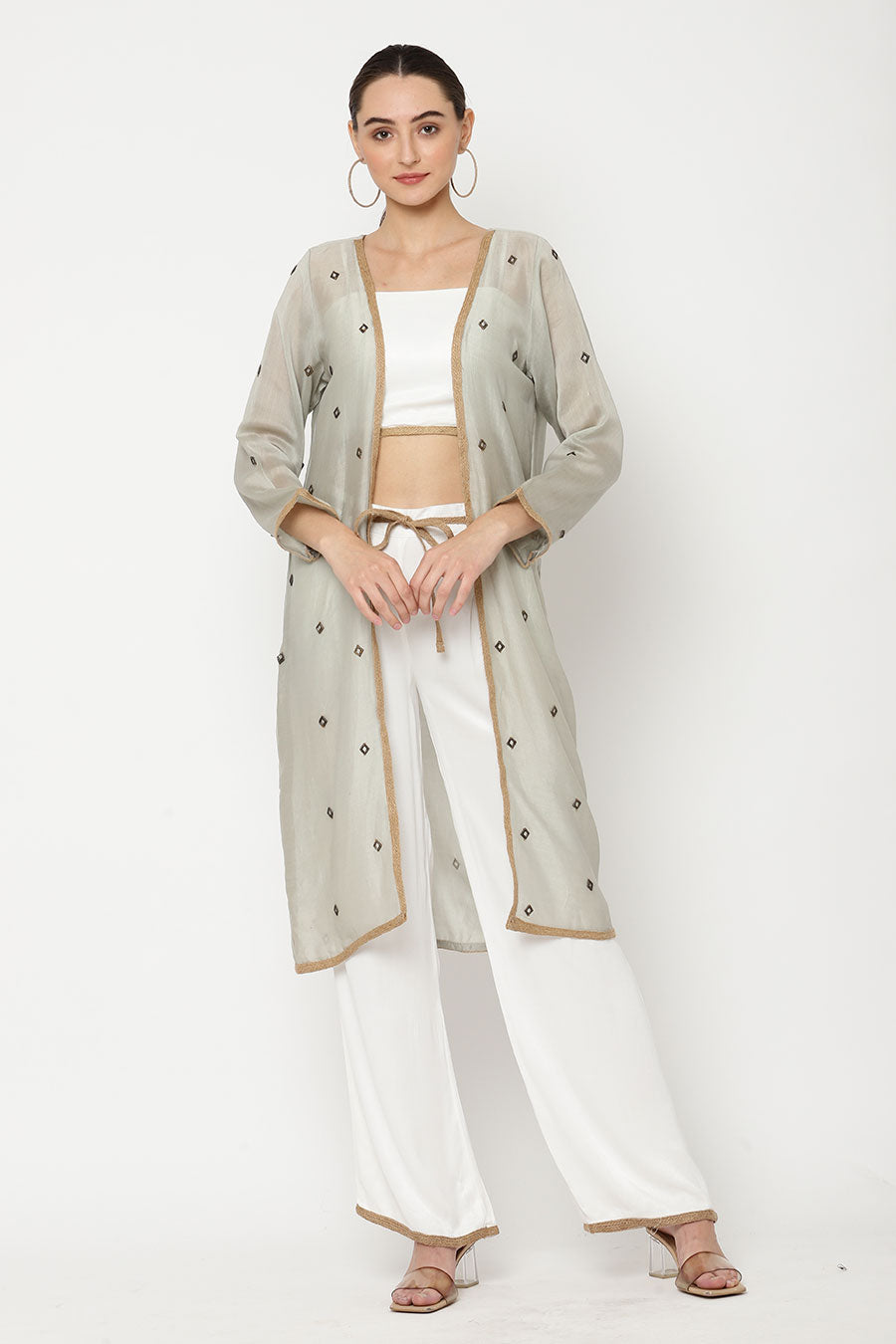 Ivory Top & Pant With Grey Embroidered Shrug Co-Ord Set