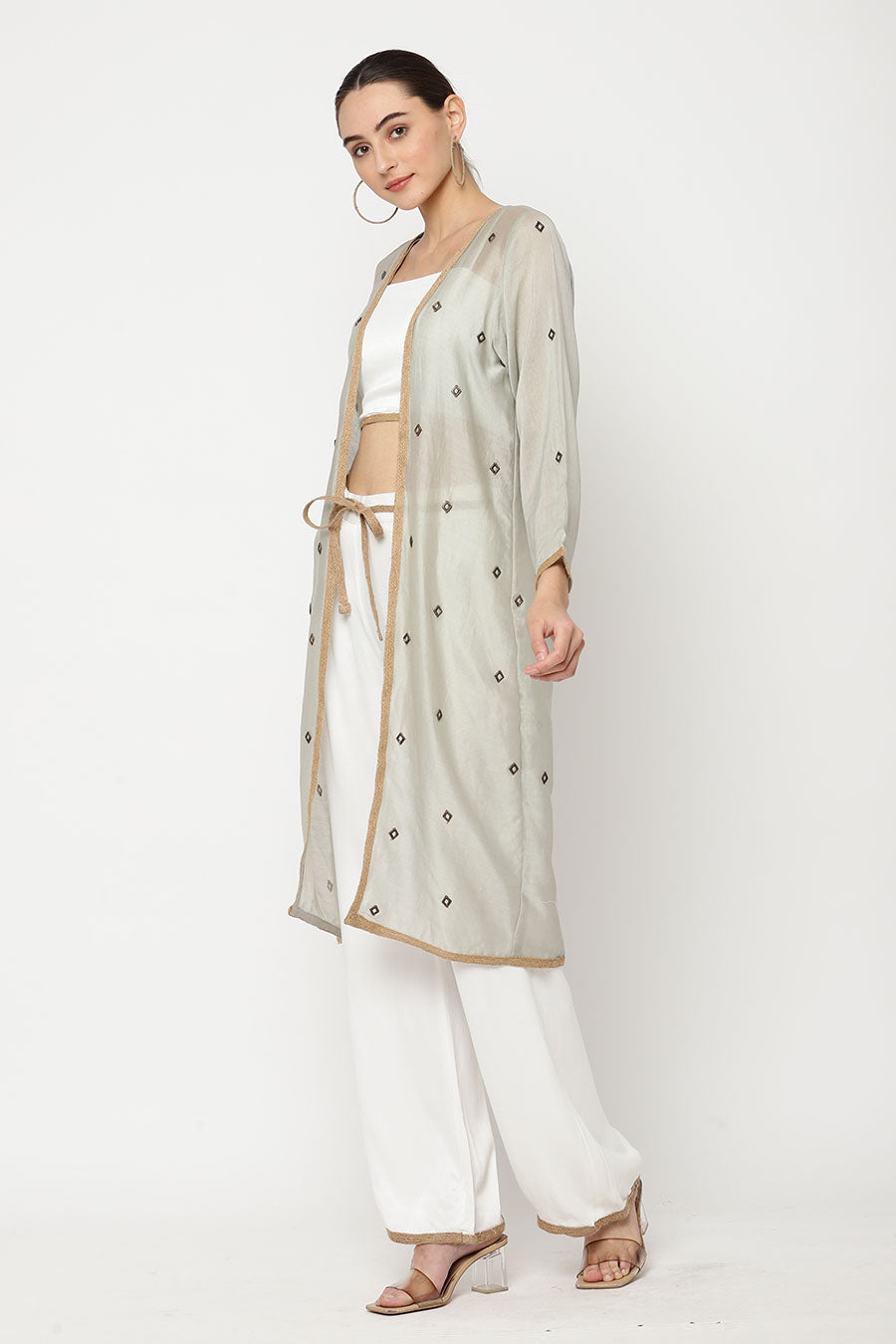 Ivory Top & Pant With Grey Embroidered Shrug Co-Ord Set