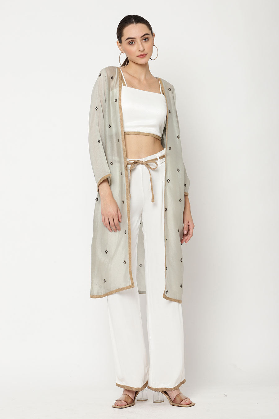 Ivory Top & Pant With Grey Embroidered Shrug Co-Ord Set