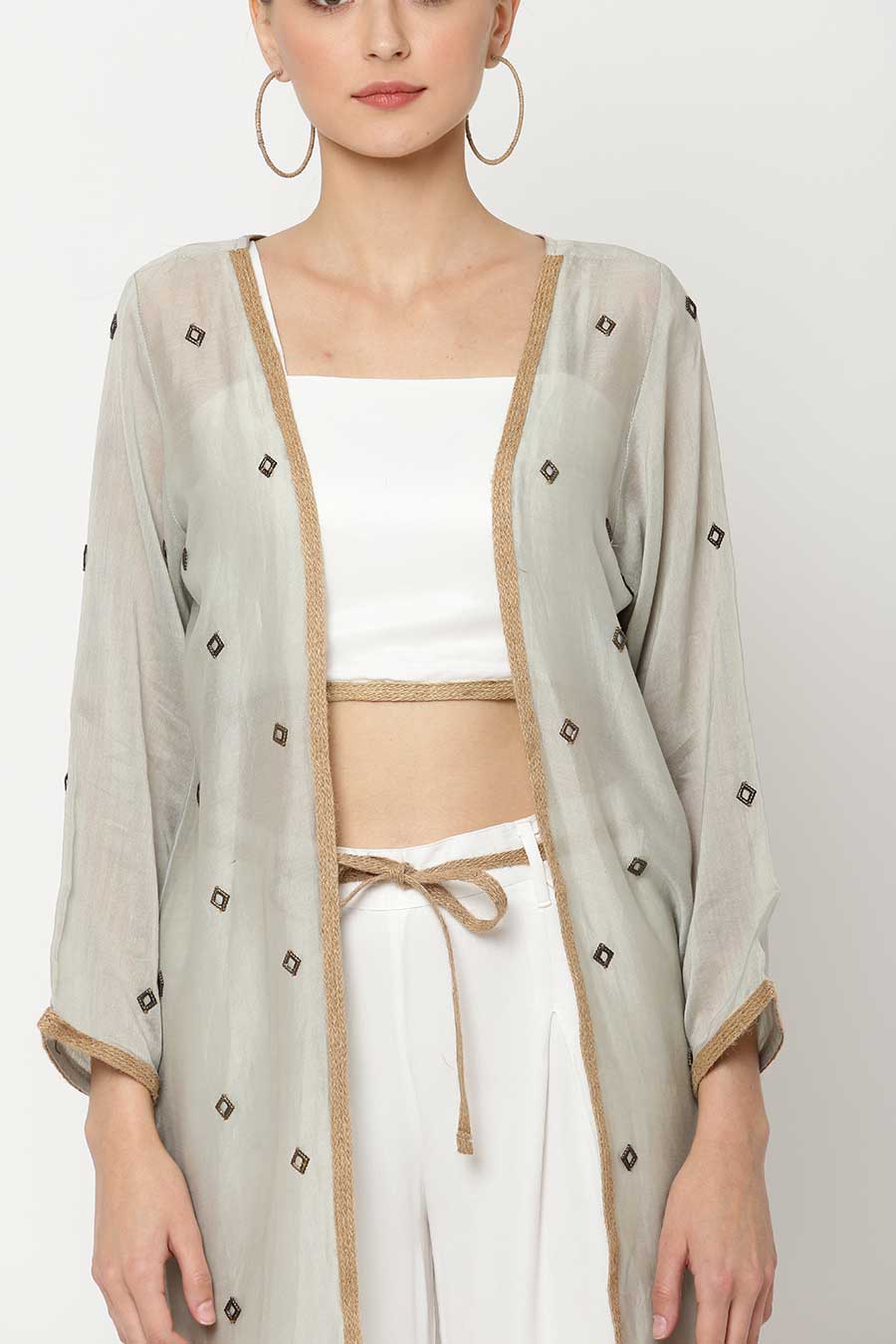 Ivory Top & Pant With Grey Embroidered Shrug Co-Ord Set