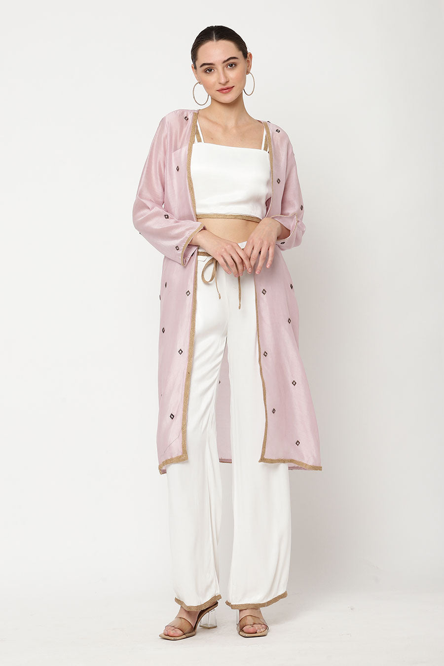 Ivory Top & Pant With Pink Embroidered Shrug Co-Ord Set