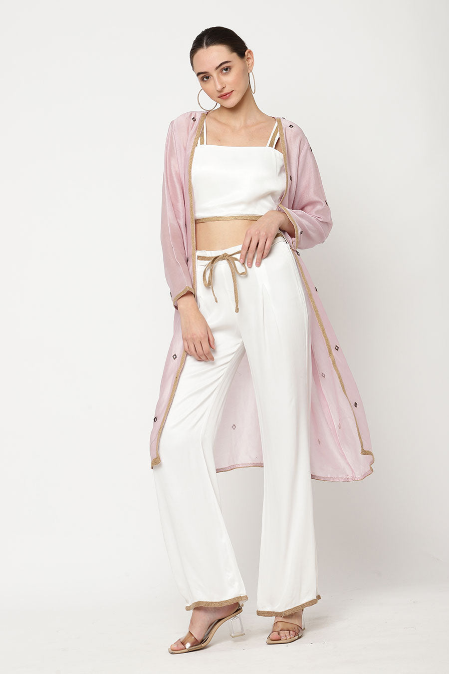Ivory Top & Pant With Pink Embroidered Shrug Co-Ord Set