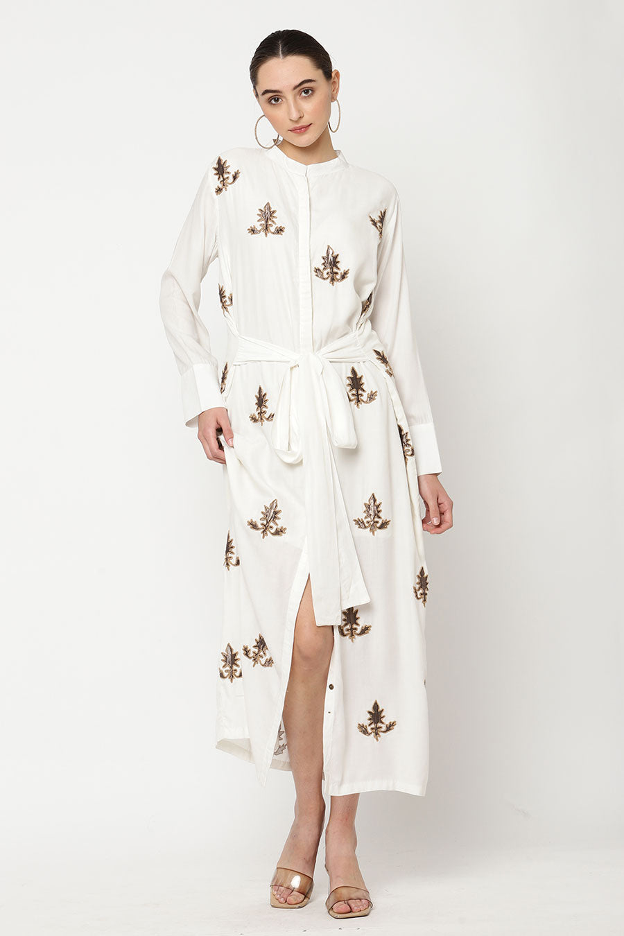 Ivory Embroidered Button-Down Dress