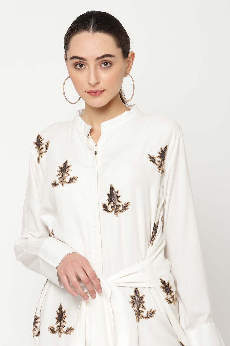 Ivory Embroidered Button-Down Dress