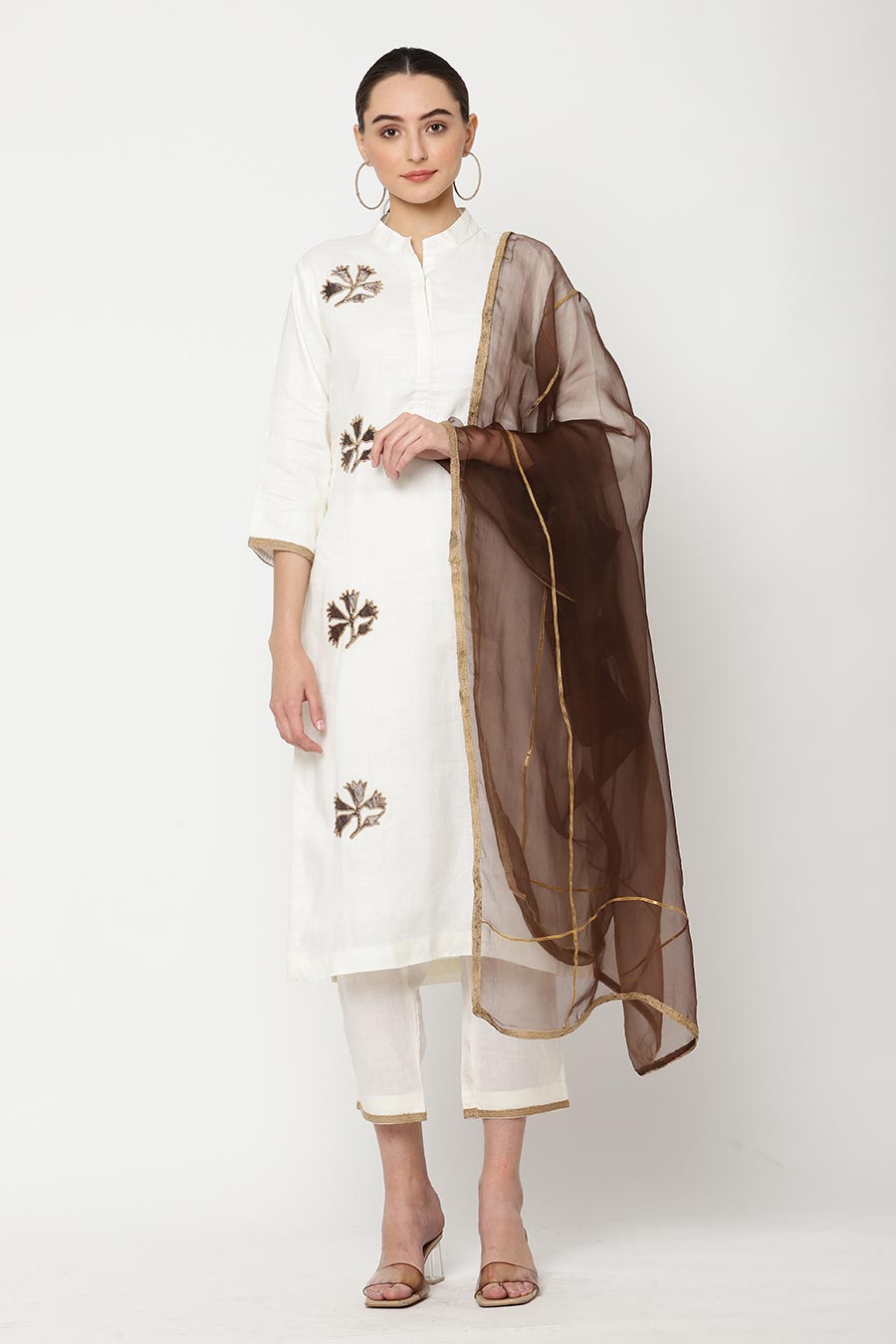 Ivory & Brown Embellished Kurta Set