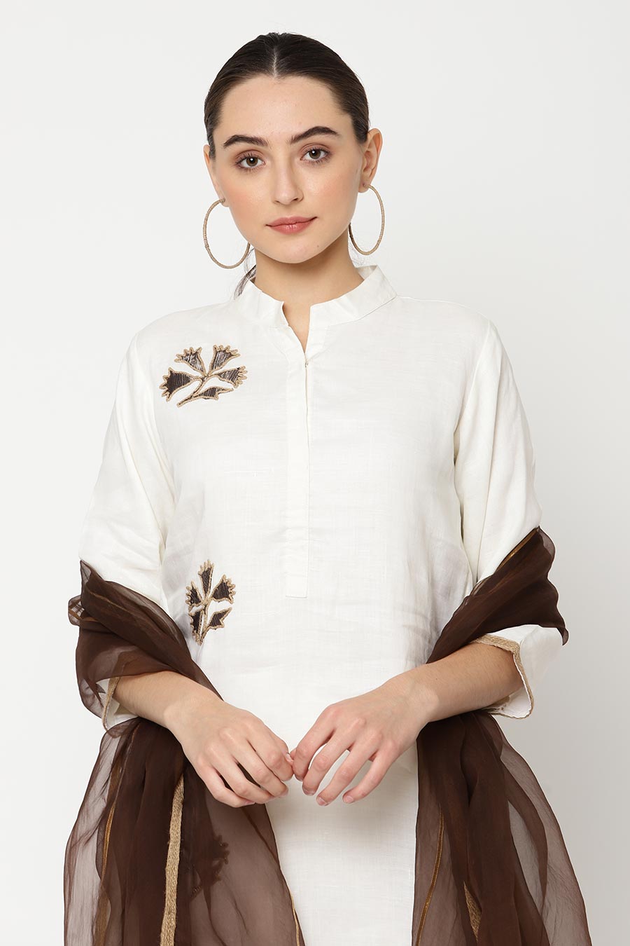 Ivory & Brown Embellished Kurta Set