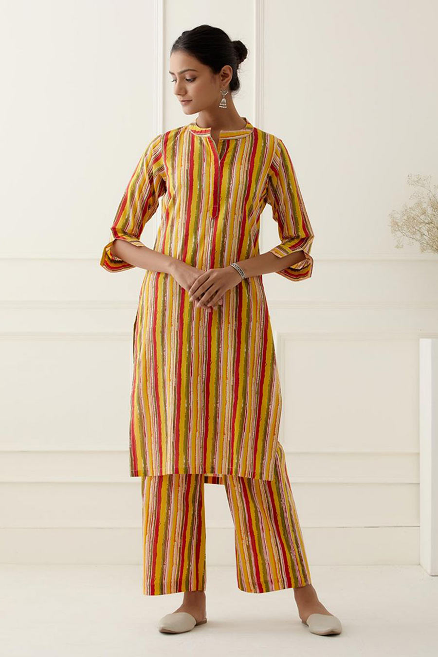 Yellow & Red Dax Stripes Printed Kurta Set