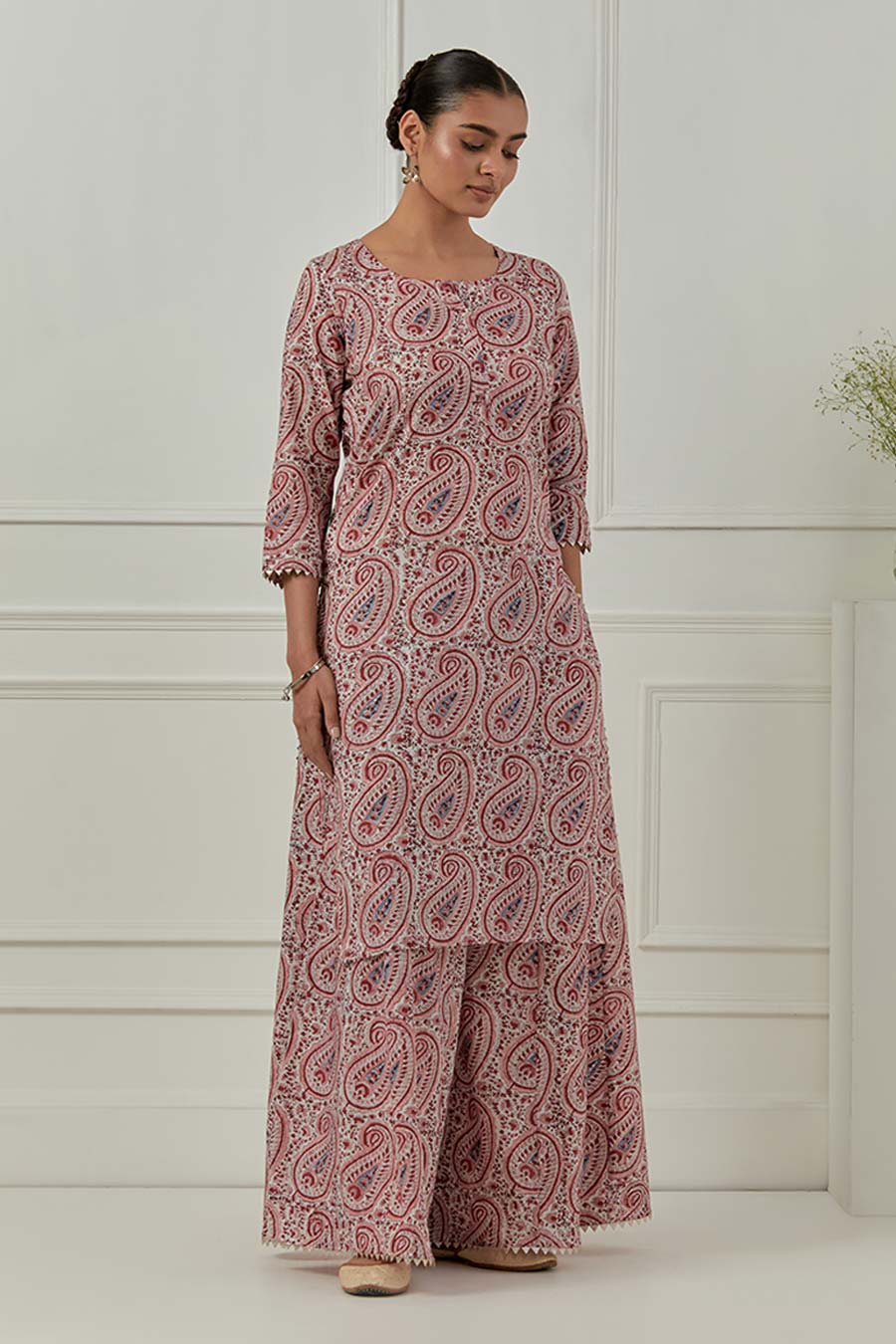 Pink & White Iris Block Printed Kurta Set