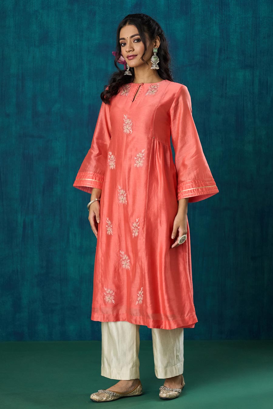 Peach Floral Embroidered Urvi Kurta