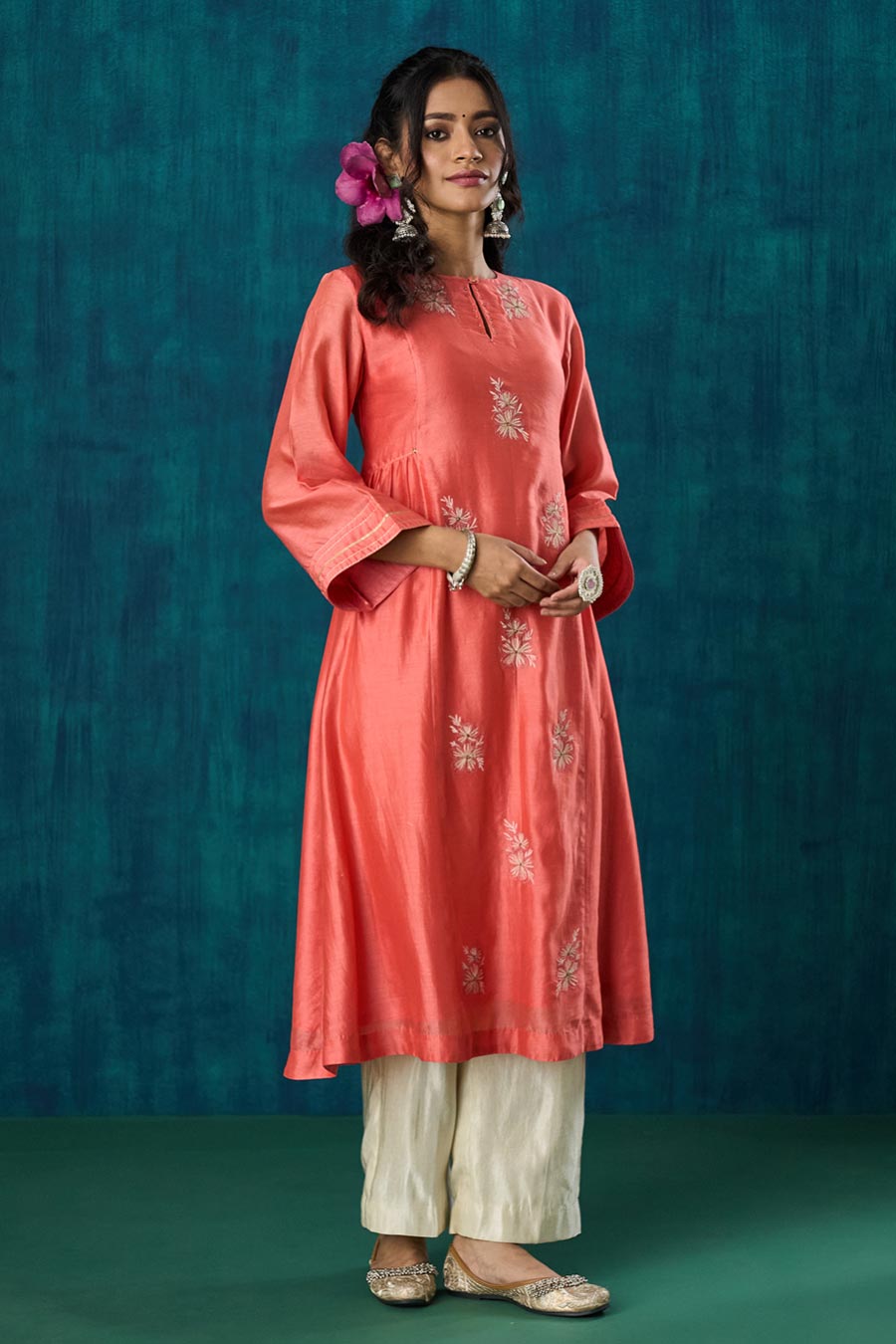 Peach Floral Embroidered Urvi Kurta