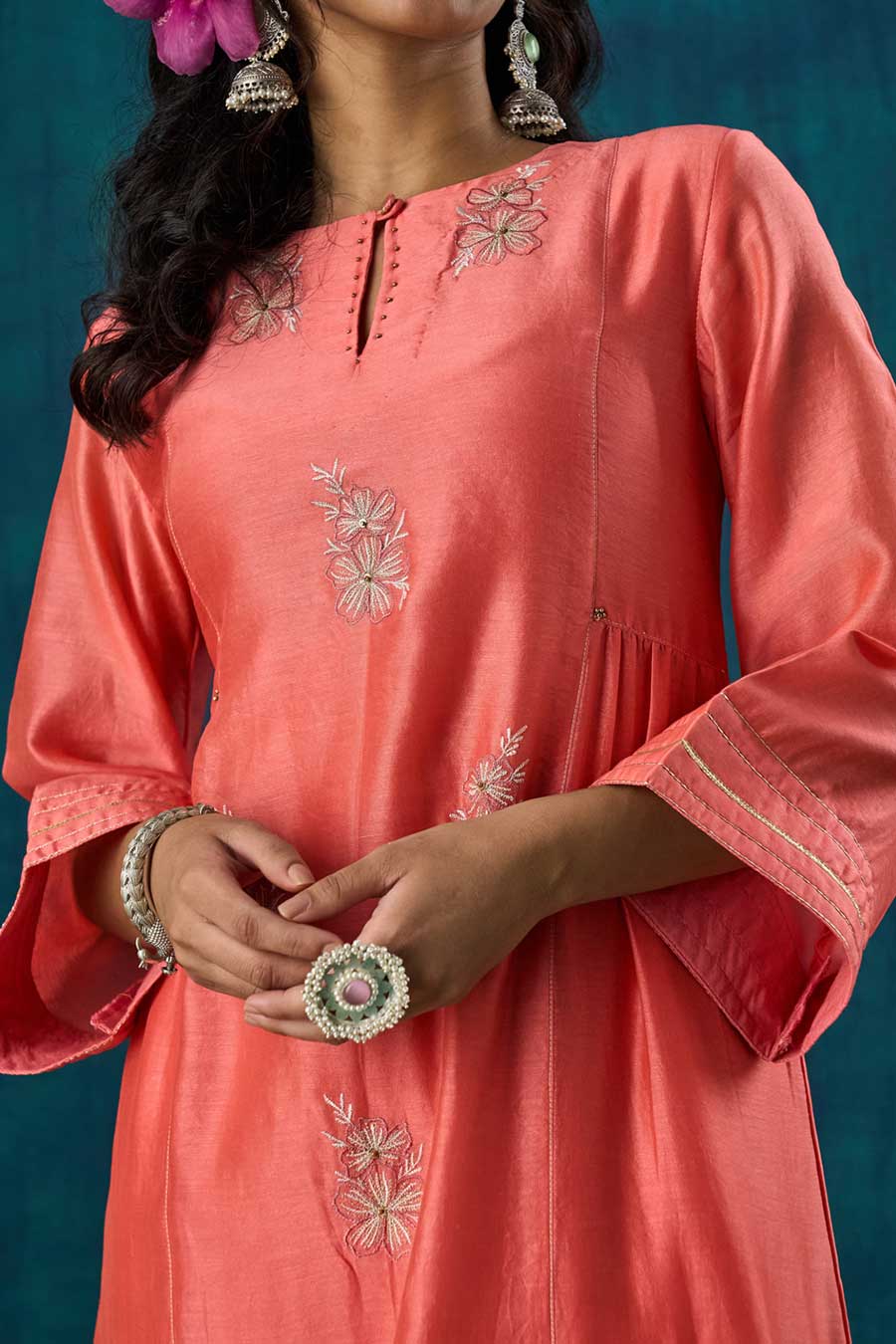 Peach Floral Embroidered Urvi Kurta