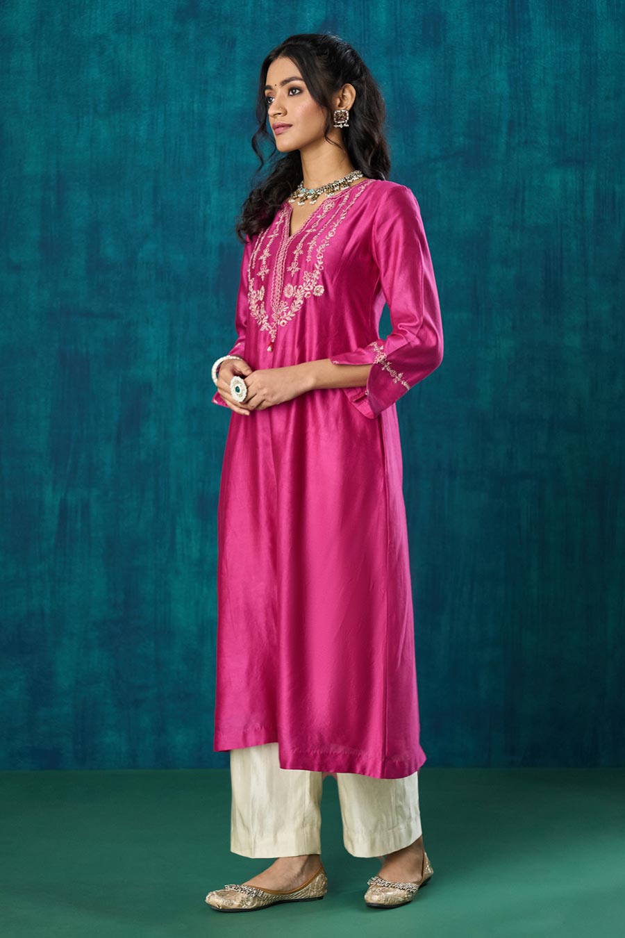 Magenta Pink Embroidered Charvi Kurta