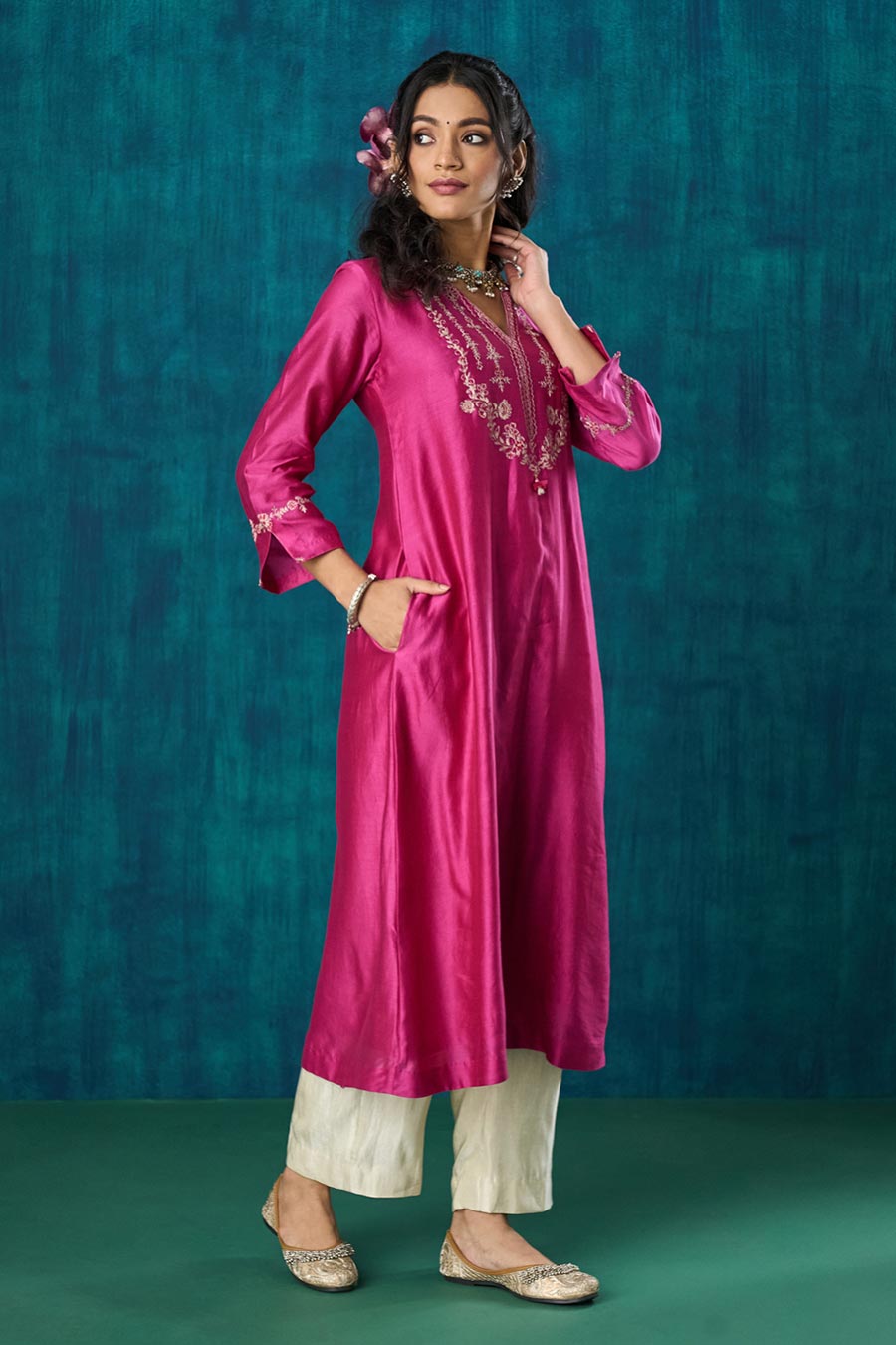 Magenta Pink Embroidered Charvi Kurta