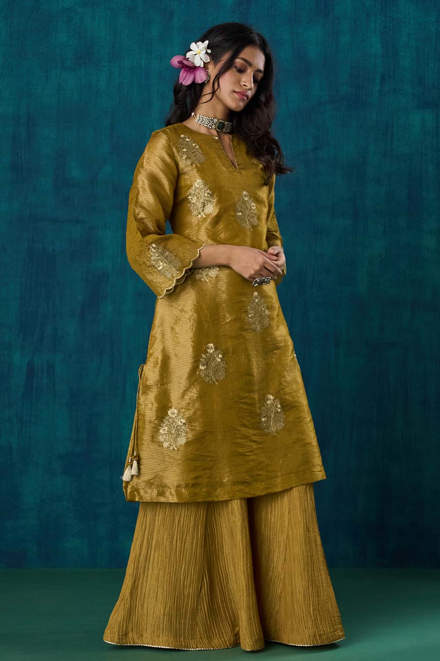 Mustard Floral Embroidered Suvarna Kurta