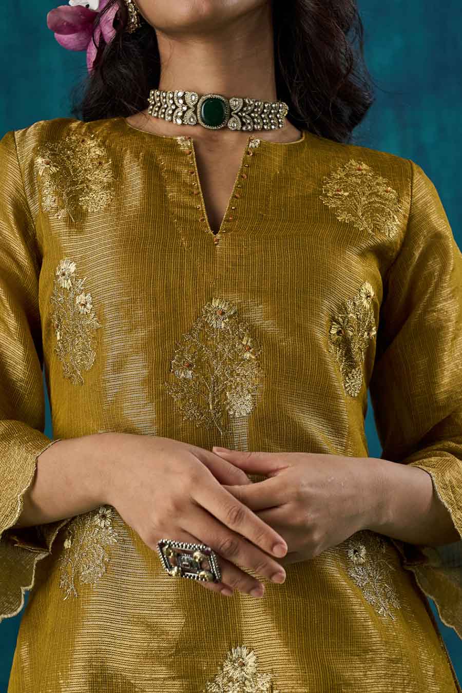 Mustard Floral Embroidered Suvarna Kurta