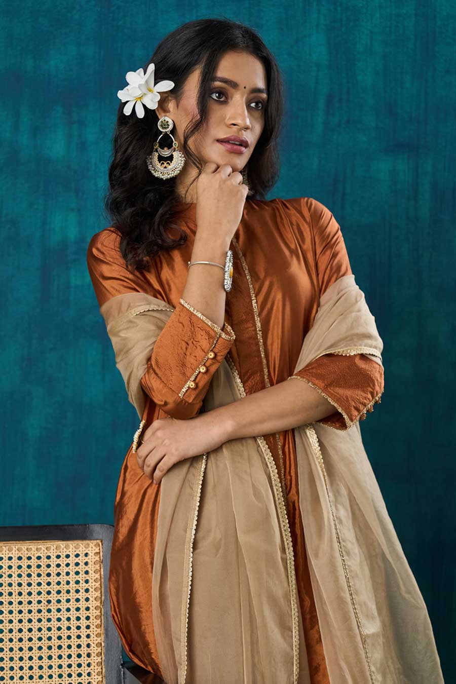 Beige Gold Lace Detailing Dupatta