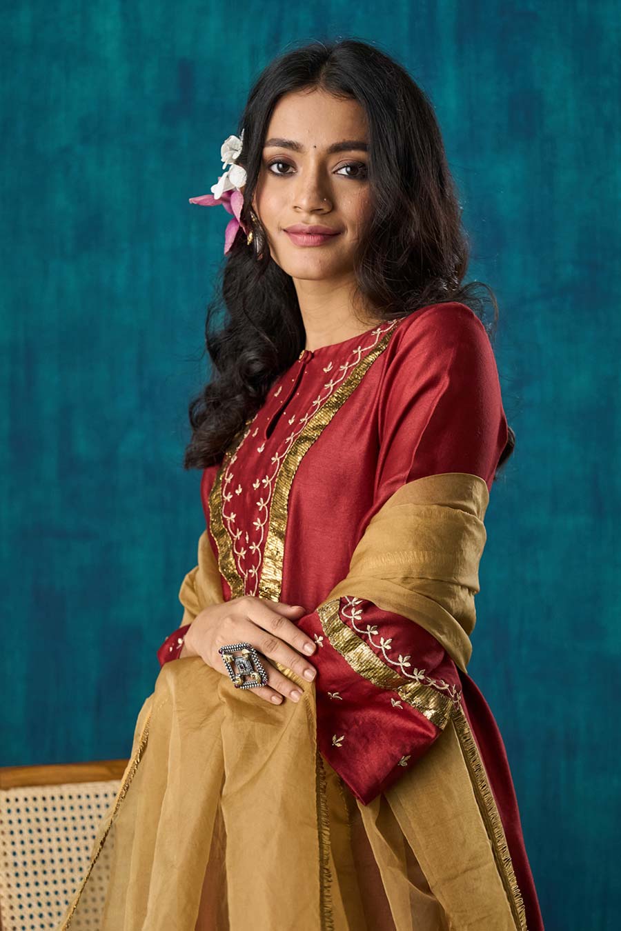 Antique Gold Fringe Lace Detailing Dupatta