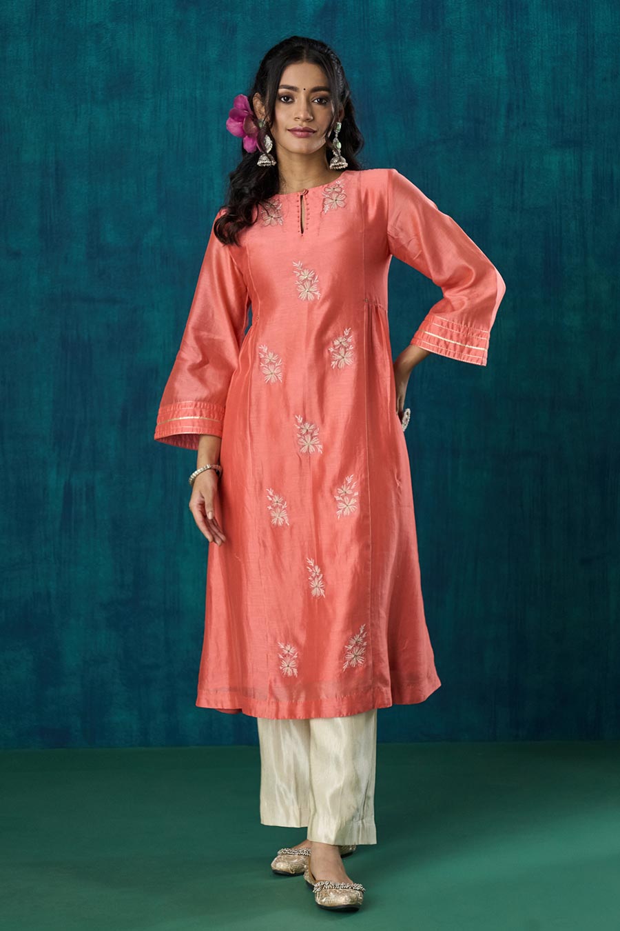 Peach Floral Embroidered Urvi Kurta Set