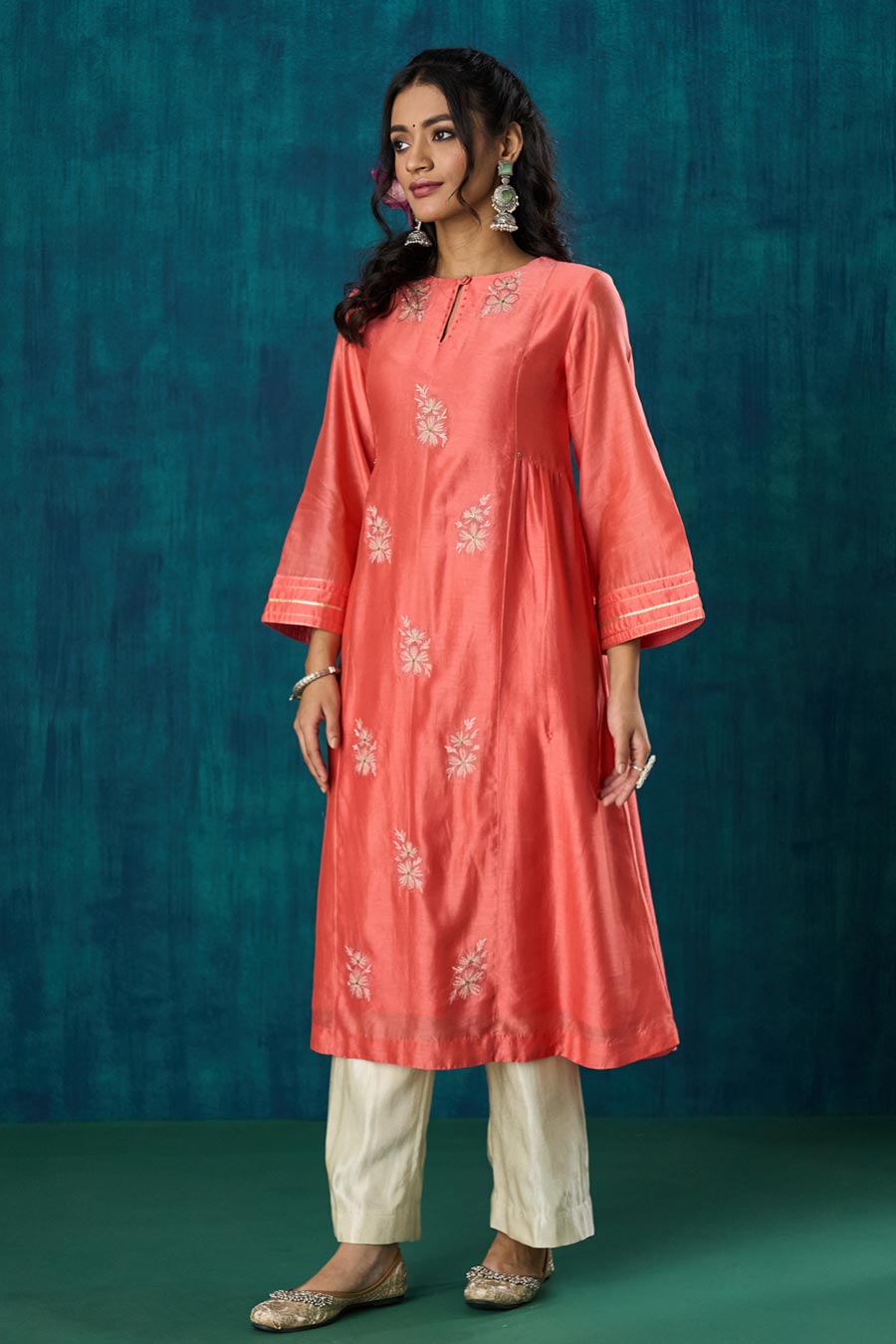 Peach Floral Embroidered Urvi Kurta Set